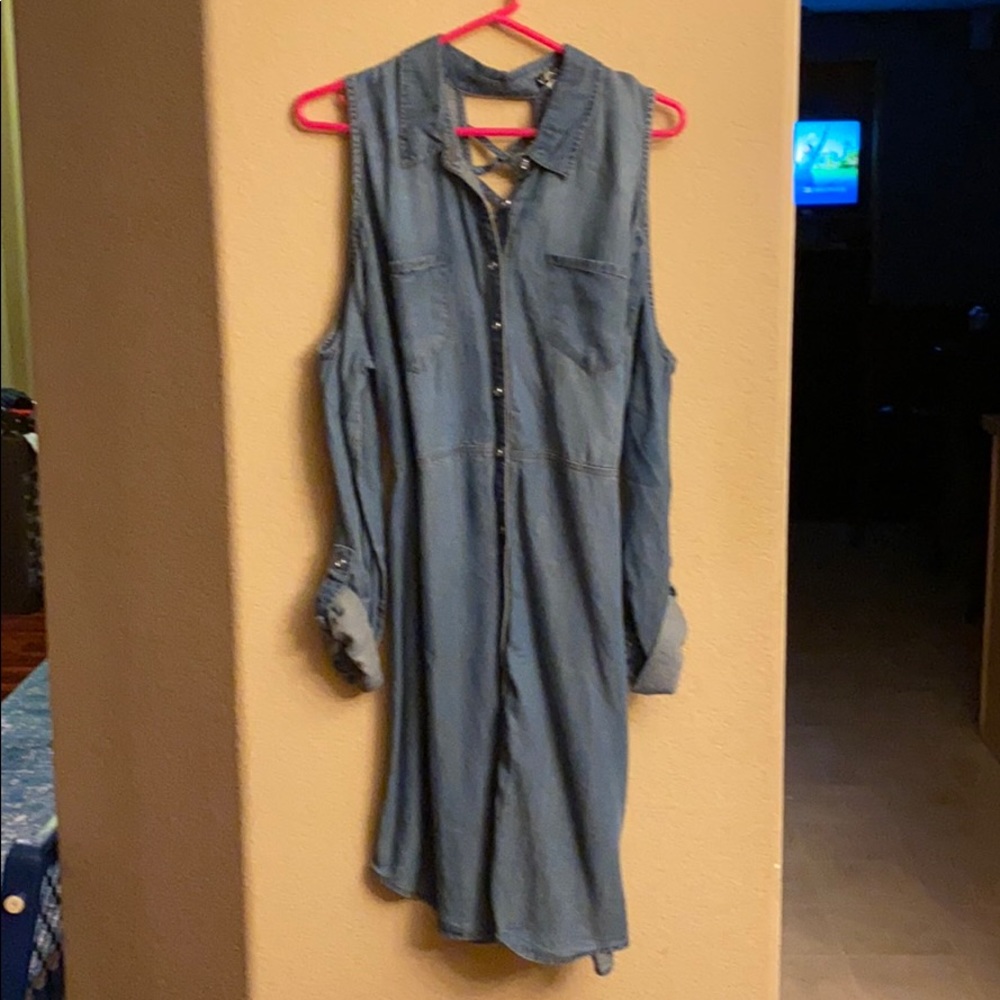 Cold shoulder jean dress.